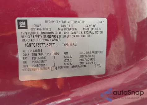 2007 Chevrolet Tahoe Lt из США, поврежденный, VIN 1GNFC13077J349719